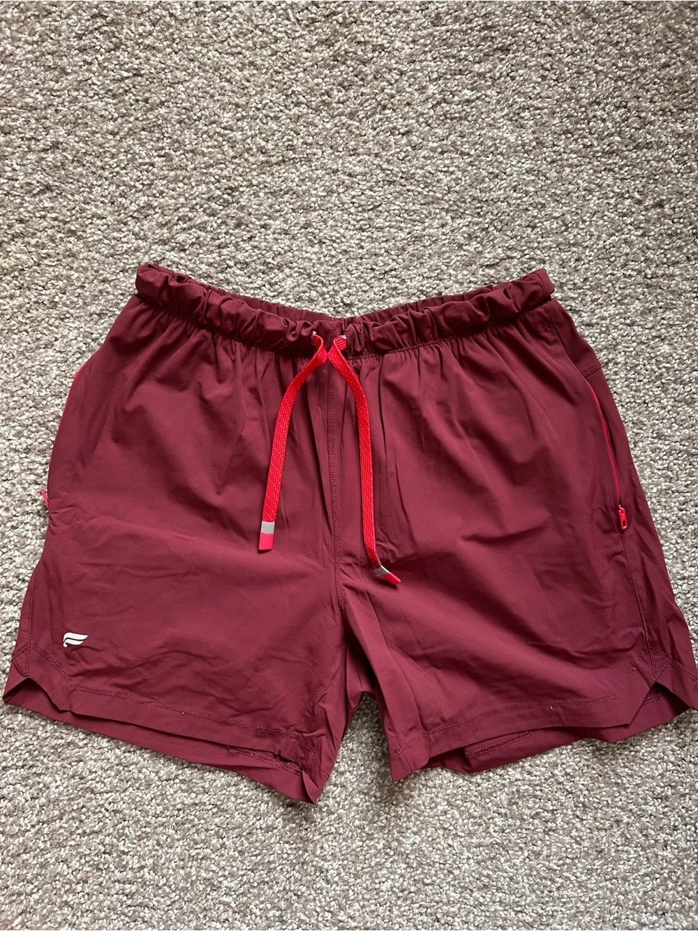 Fabletics men’s size XS Maroon Athletic Drawstring lined Shorts with Red Accent